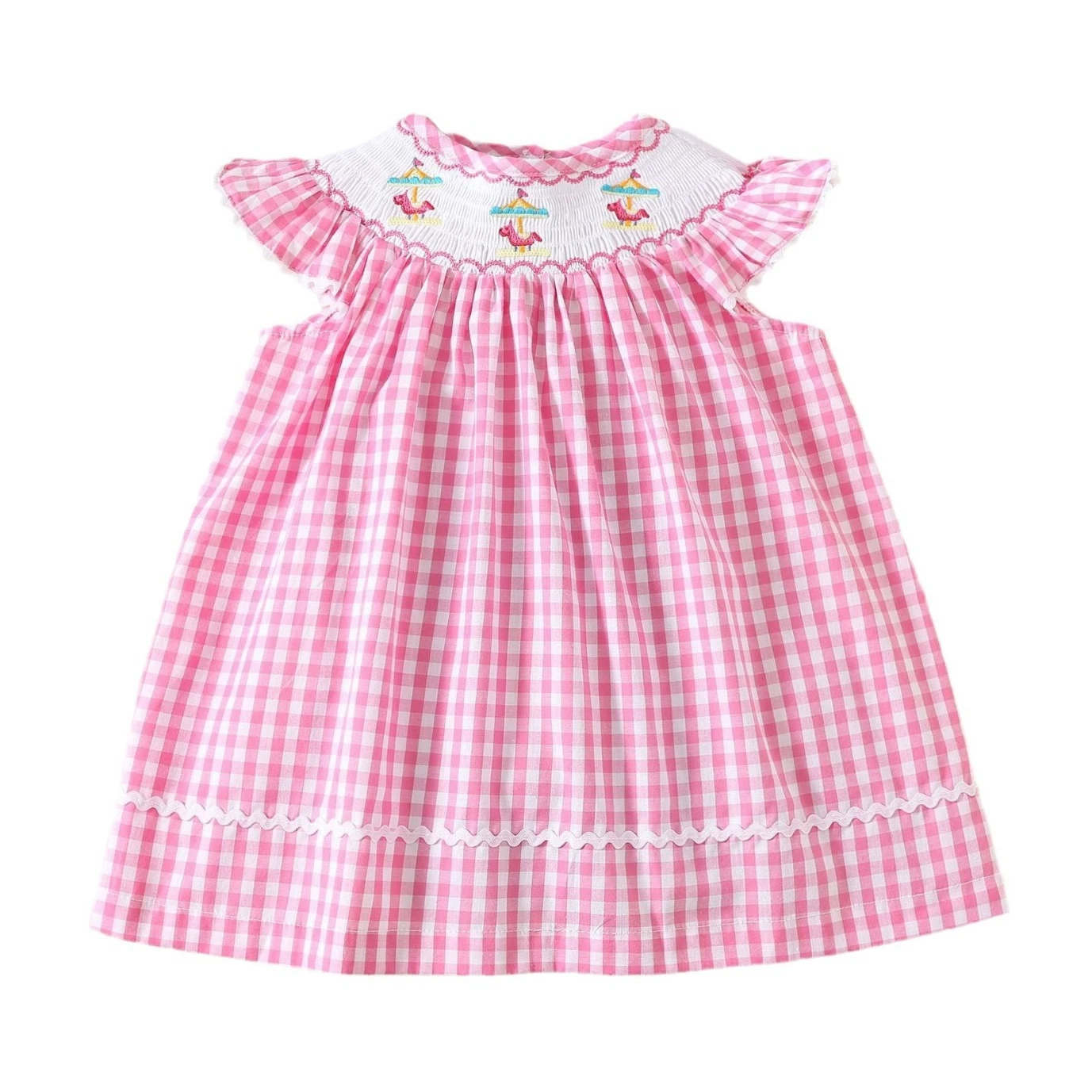 

Summer Spanish Style Girls Pink Plaid Smocked Dress Cute Embroidery Cotton Flutter Sleeve Princess Dress Toddler Casual Wear