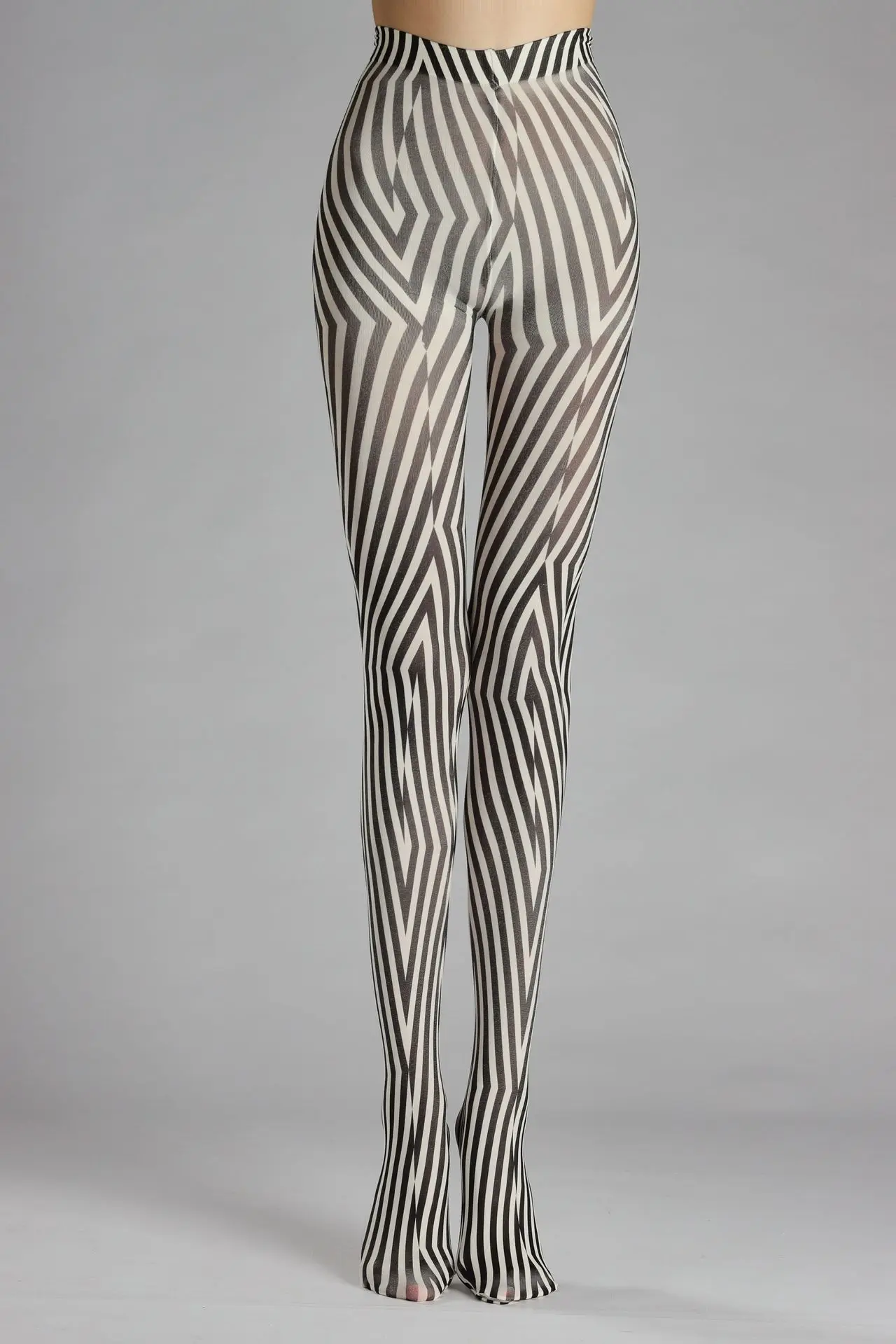 Personality Geometric Stripe Print Black White Women's Pantyhose Polyester Hottie Sexy Irregular Plaid Tights