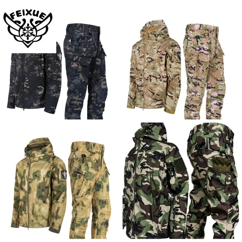 

Outdoor Shark Skin Warm Suit Camouflage Plush Thickened Jacket Autumn and Winter Racing Suit Men Waterproof Army Tactical Jacket