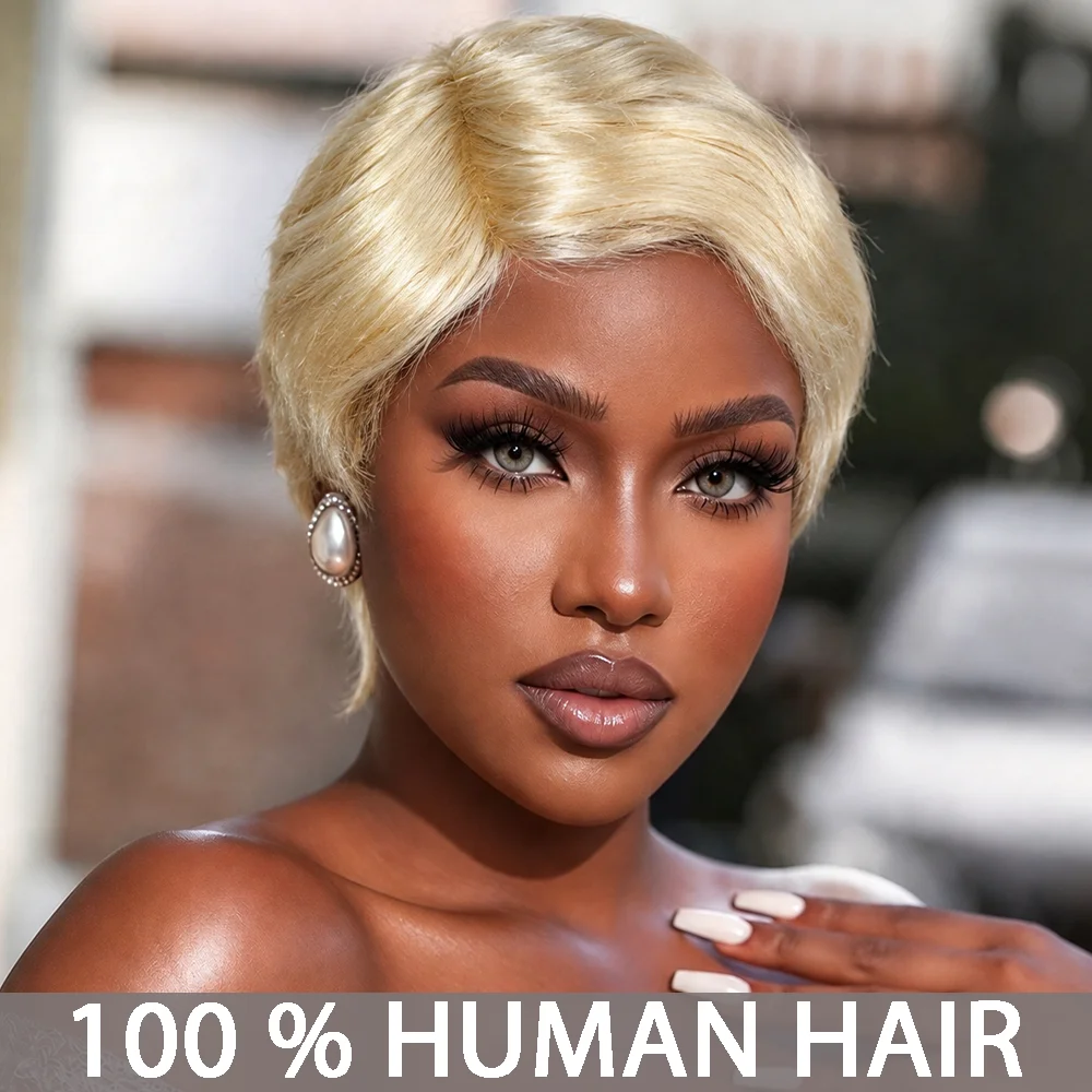 Glue Free Mechanism Deep Waves, 150% Density Natural Styling,Women's 4-inch Golden Short Elf Hairstyle Real Hair Wig