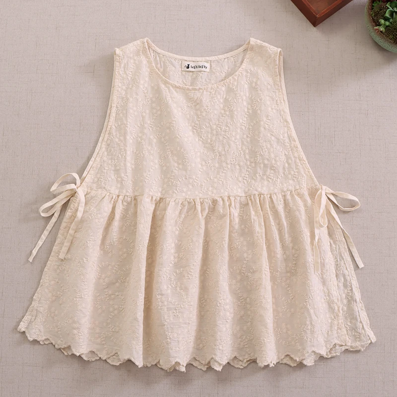 Japanese Sweet Mori Girl Embroidery Sleeveless Blouse Women Summer O-neck Solid Color Vintage Loose Vest Tank Tops