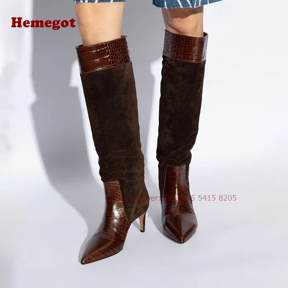 Patchwork Croc-Pattern Knee High Boots Pointy Toe Fur Thin Heel Women's Long Boots Winter Brown Slip On Luxury Warm Shoes Sexy