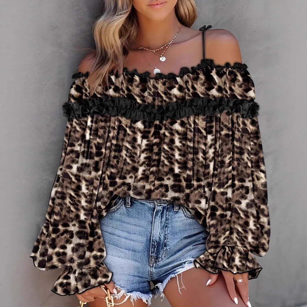 2025 New Off-Shoulder Long Sleeve Puff Sleeve Gradient Color Block Top for Women