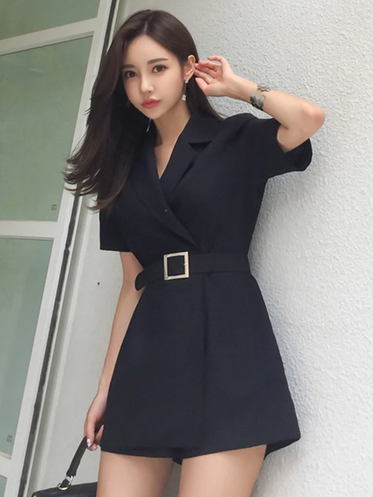 New Fashion Elegant Women Jumpsuit Temperament Retro Casual Black Short Sleeve Belt Slim Female Mujer High Waist Shorts Playsuit