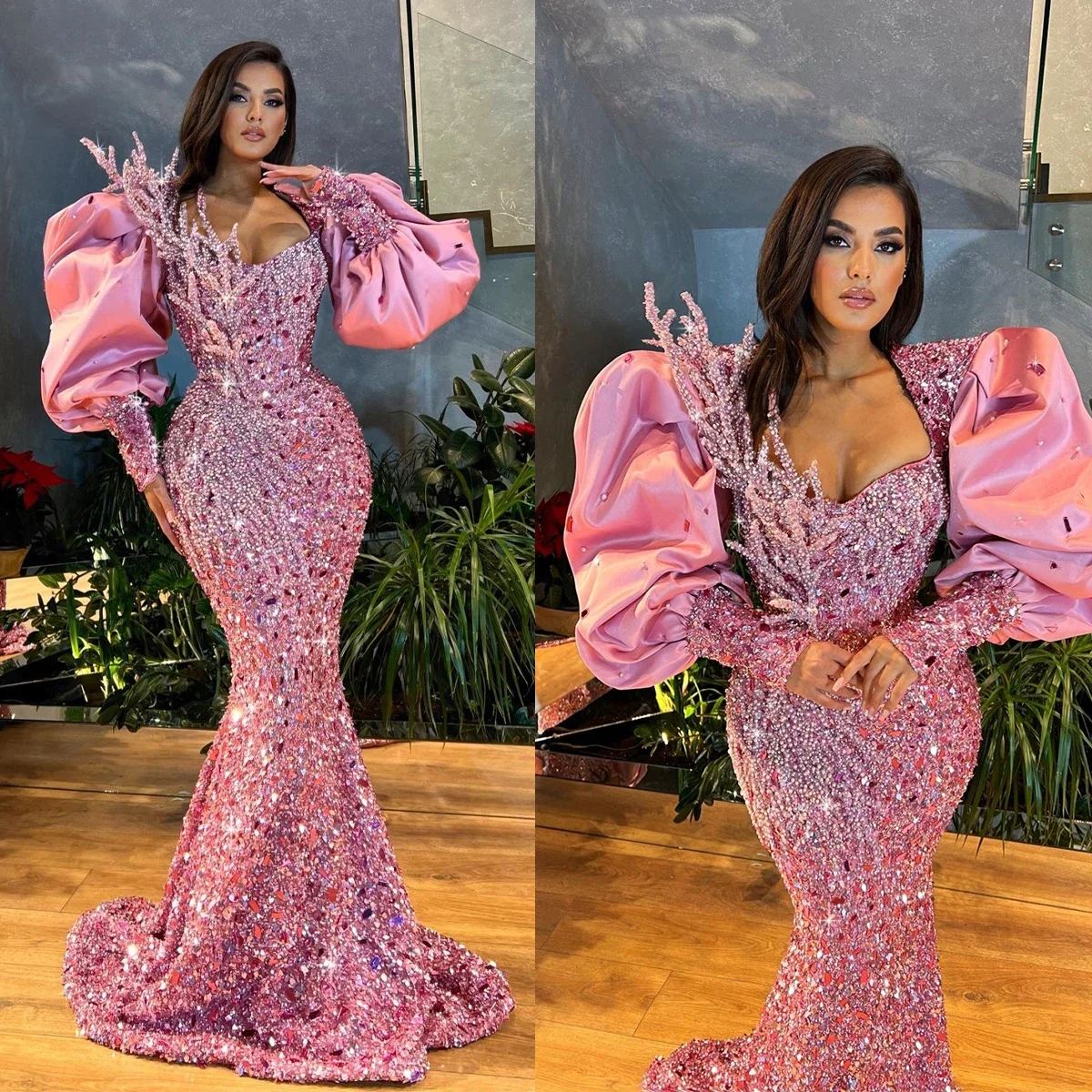 Sparkle Pink Mermaid Evening Dresses Puff Sleeves Prom Gowns Custom Made Crystals Sequined Party Dresses