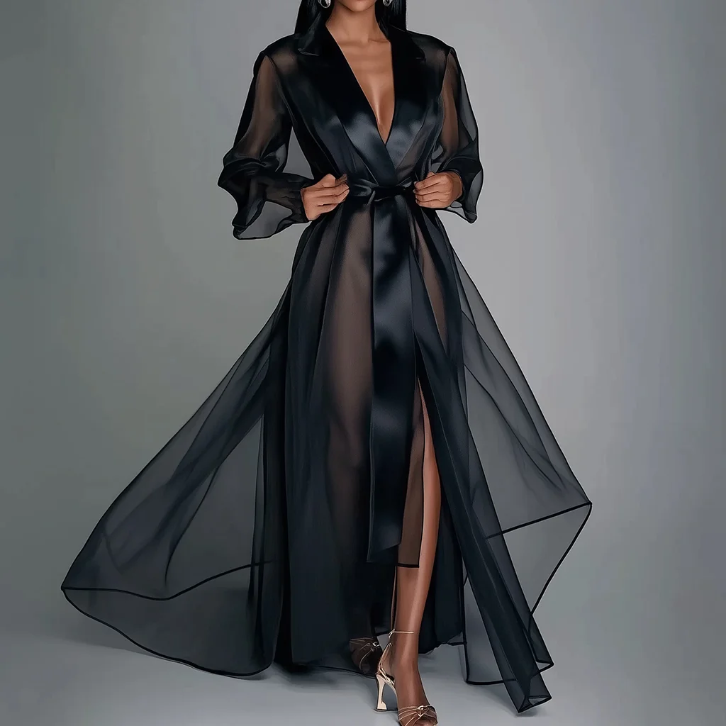 

Organza See Through Long Sleeve Lace Up Robe Maxi Dress Summer Lapel Collar Fashion Bridal Robes Women's Gown Solid Party Dress