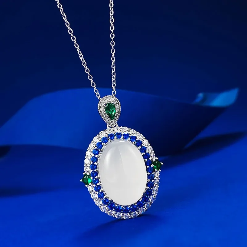 S925 Silver Jadeite High Ice Egg Faced Jade Pendant Necklace with Artificial Sapphire for Women, marry Gem