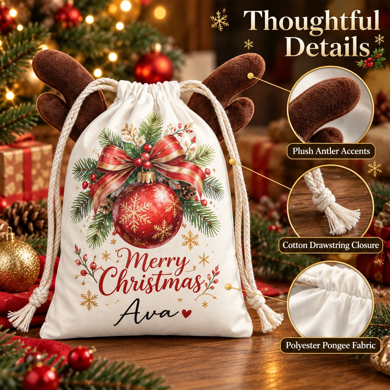 Personalized Christmas Gift Bag with Reindeer Antlers Custom Photo and Text Holiday Present Sack with Cotton Drawstring  Closure