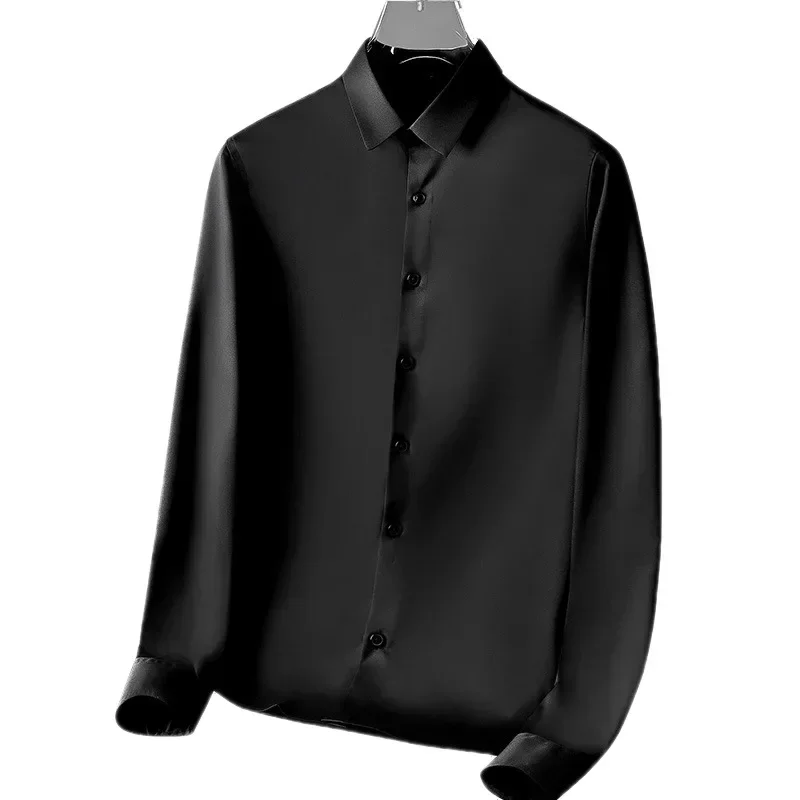 Quality Ice Silk Dress Shirts Mens Brand Slim Fashion Non iron Wrinkle-resistant Shirts Formal Long Sleeve Solid Casual Clothes