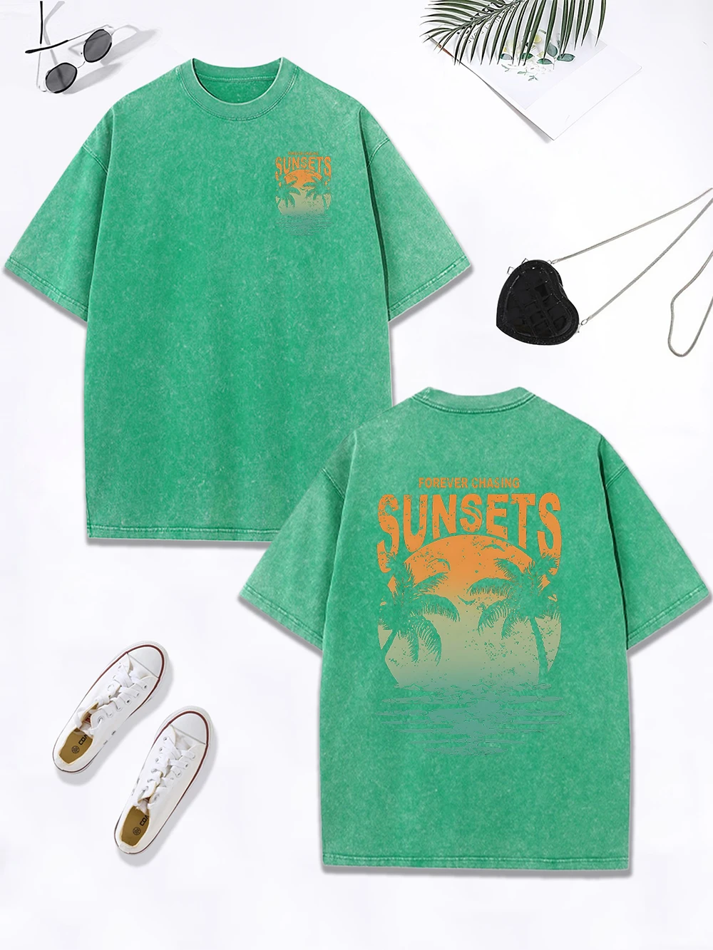 Forever Chasing Sunsets Coconut Tree Prints Washed T-Shirt Women Cotton Oversized Tops O-Neck Distressed T Shirt Casual Clothes