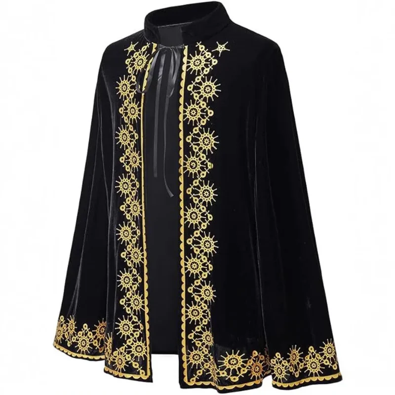 2025년 11월 18세기 검정 벨벳 골드 트림 할로윈 망토 의상 중세 왕자 왕 케이프 (남성용)