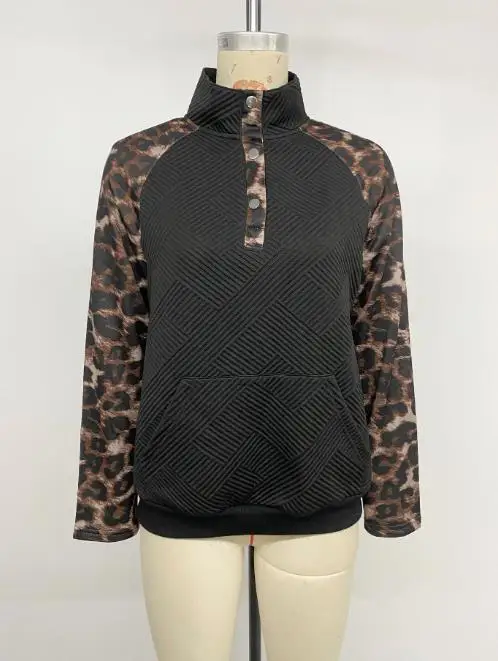 Autumn Women's Sweatshirts 2025 Autumn Trendy Street Style Patchwork Leopard Print Semi High Collar Long Sleeve Pocket Hoodie