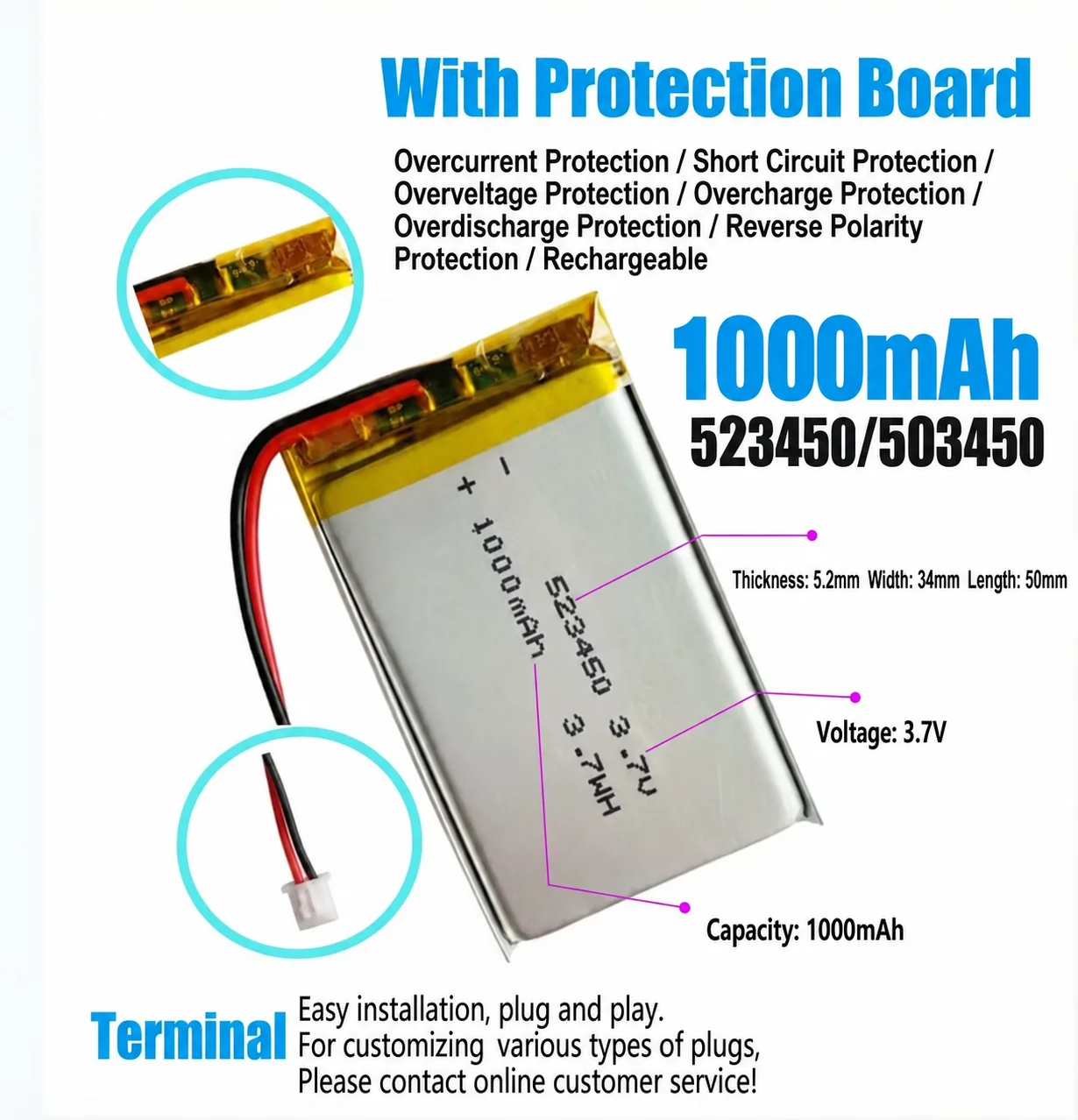 Long-Lasting 3.7V 1000mAh High Capacity Rechargeable Battery 523450 503450 Universal Replacement for Speaker GPS Car
