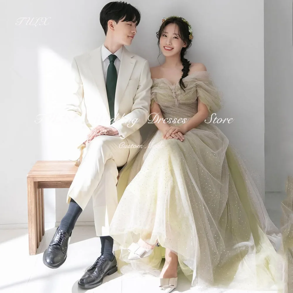 

TULX Fairy Green Sparkly Evening Dress Off Shoulder Tulle Korea Wedding Photo Shoot Dress Long Corset Party Dress Customized