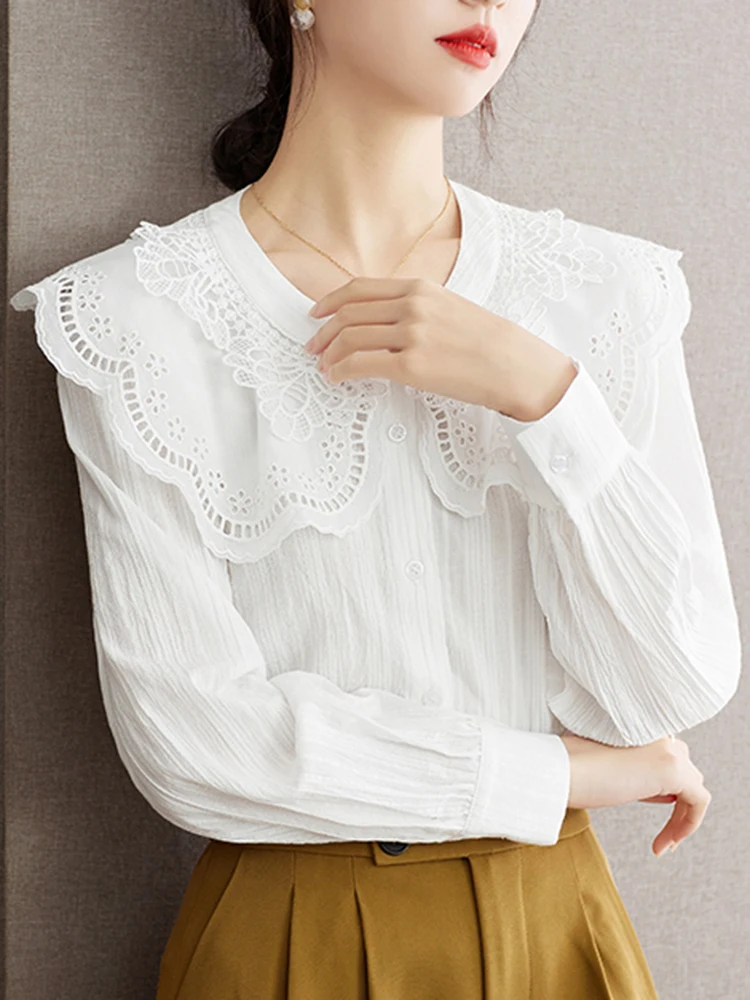 2024 New Women\'s Fashion Versatile Ruffle Edge Doll Neck Long Sleeve Solid Color Shirt Niche Design Sense Shirt