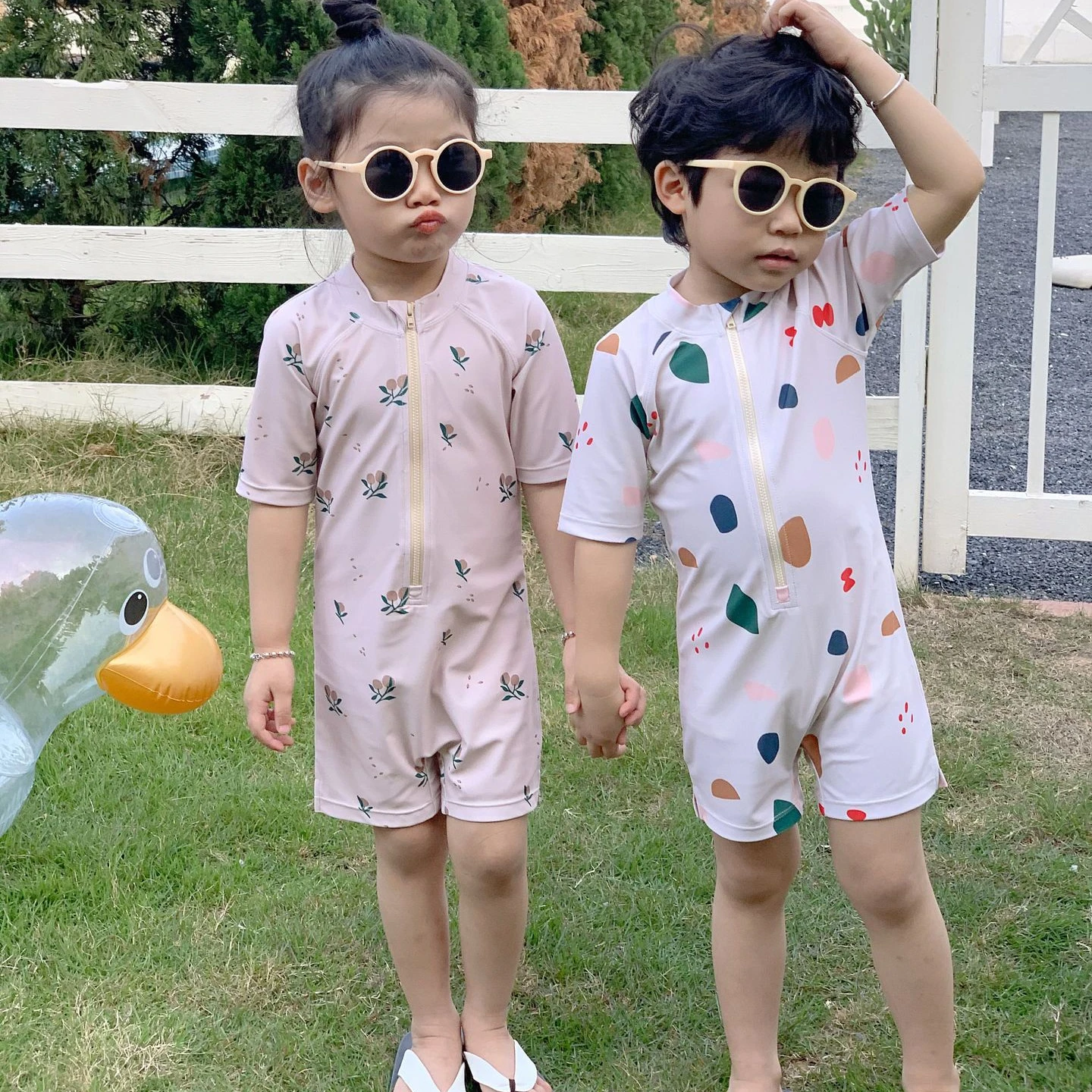 New Baby Boys Sunscreen Swimwear Summer Kids Floral Striped Pattern Zipper Bathing Suits Girls Beach Printed Swimming Hot 1-8Y