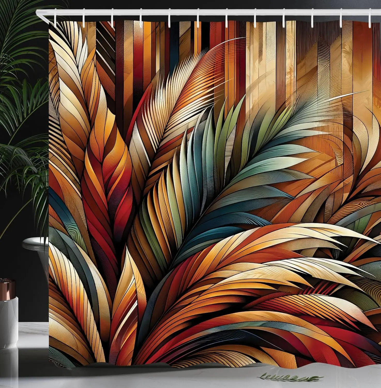 

Эстетическая занавеска для душа в стиле бохо, смелые экзотические листья в теплых тонах, рустикальный обожженный оранжевый бирюзовый синий цвет, комплект ткани с крючками