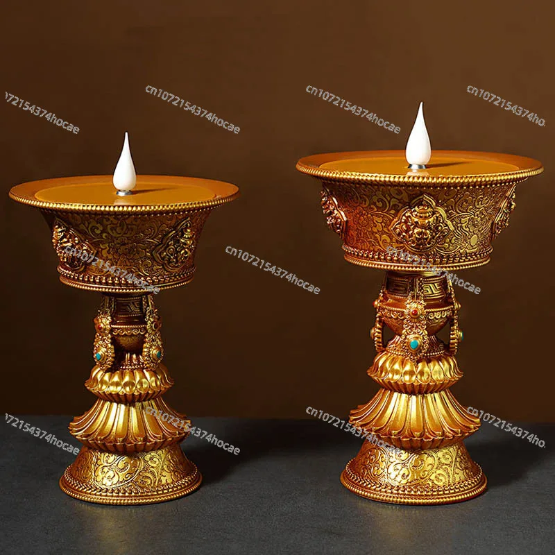 19.5cm Electric Tibetan Butter Lamp Rechargeable Warm White LED Thailand Buddhist Led Candle Carving Craft Resin Candlestick