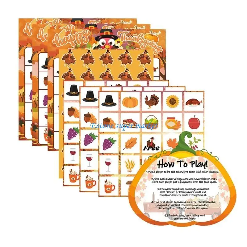 090B Thanksgiving Themed Bingo Card Set Board Game Playing Card Entertainment Toy for Children and Classroom Event