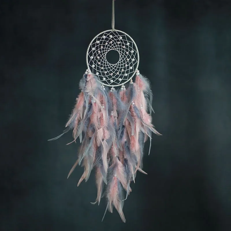Handmade Dreamcatcher Pink Blue Feather Pearl Wall Hanging Ornament Home Wedding Decor Gift, Circle Dia 16cm Total Length 60cm