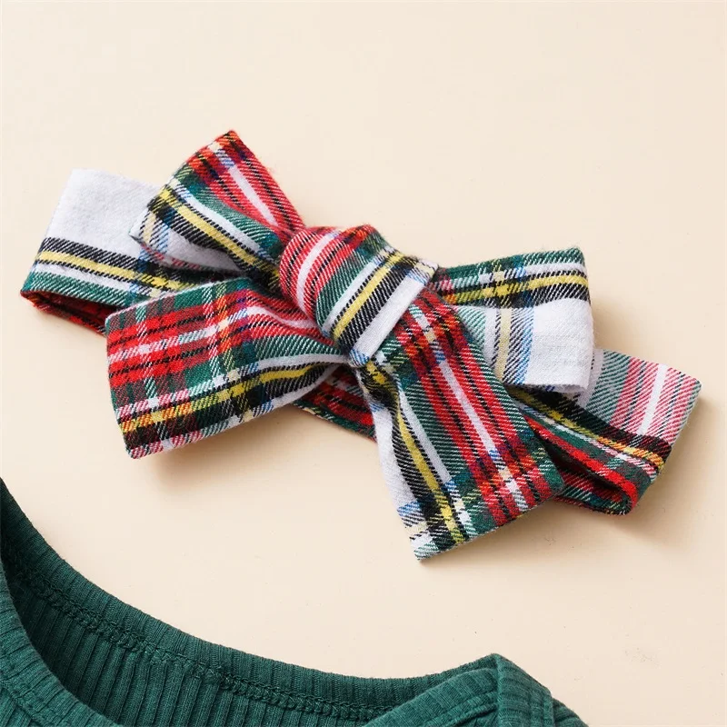 Infant Newborn Baby Girls Christmas Outfit Ruffle Long Sleeve Ribbed Crew Neck Bodysuit Plaid Suspender Skirt Headband 3Pcs