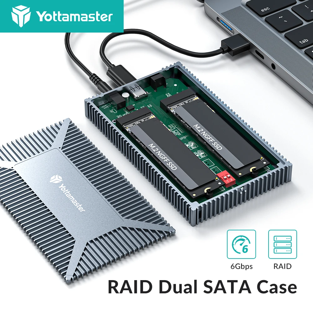 

Yottamaster Dual Bay SATA RAID Enclosure 10Gbps M.2 NGFF SATA SSD Case USB C External Hard Drive Enclosure Support 4TB RAID Mode