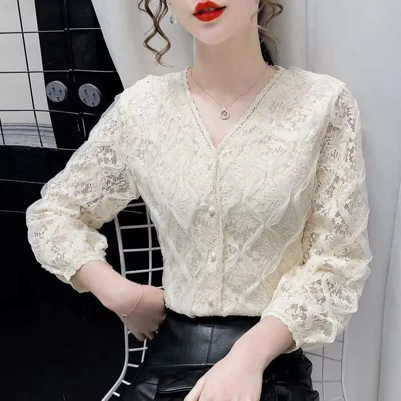 

Women's Lace Shirt V-neck Stripe Tops