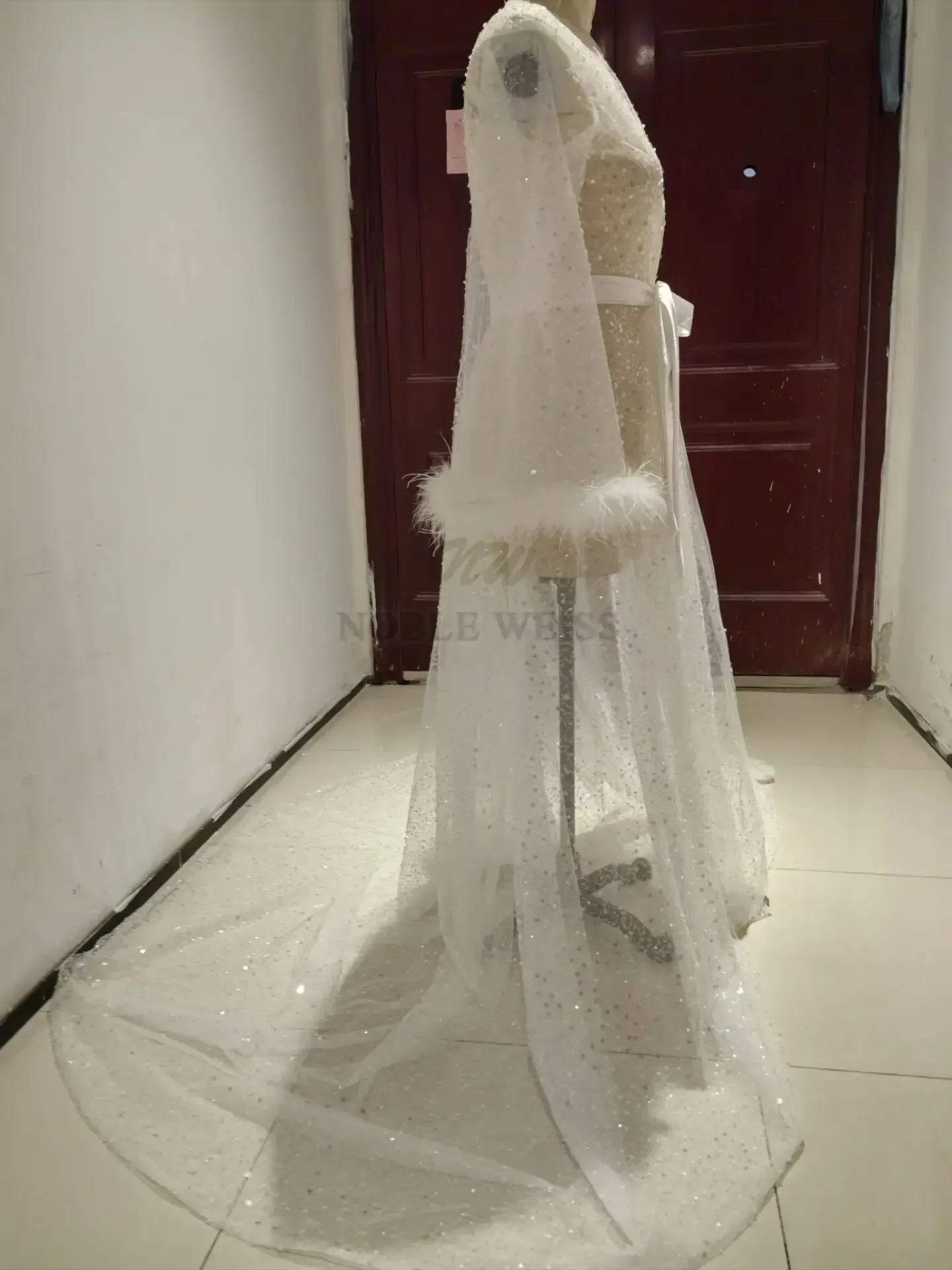 Veste de Mariage Enceinte à Paillettes de Clip, Manches en Plumes, Robe de Patients, Châle de ix, Cape de Patients, Manteau Long de Mariage, Perles