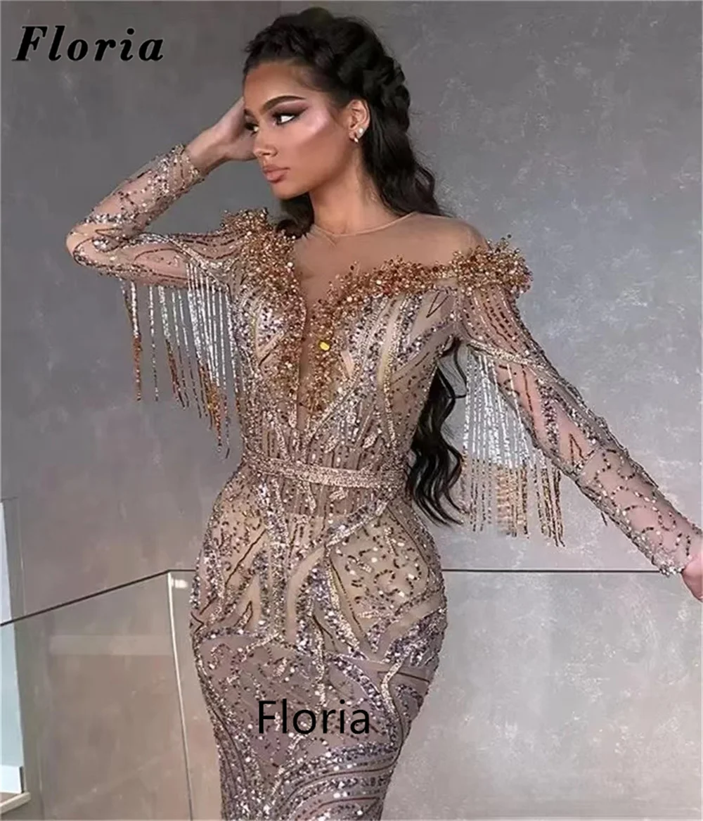 Floria Vintage Mermaid Long Prom Dresses Sequins Tassel Formal Party Dress For Wedding Guest Robe Dubai Beads Evening Gowns 2023