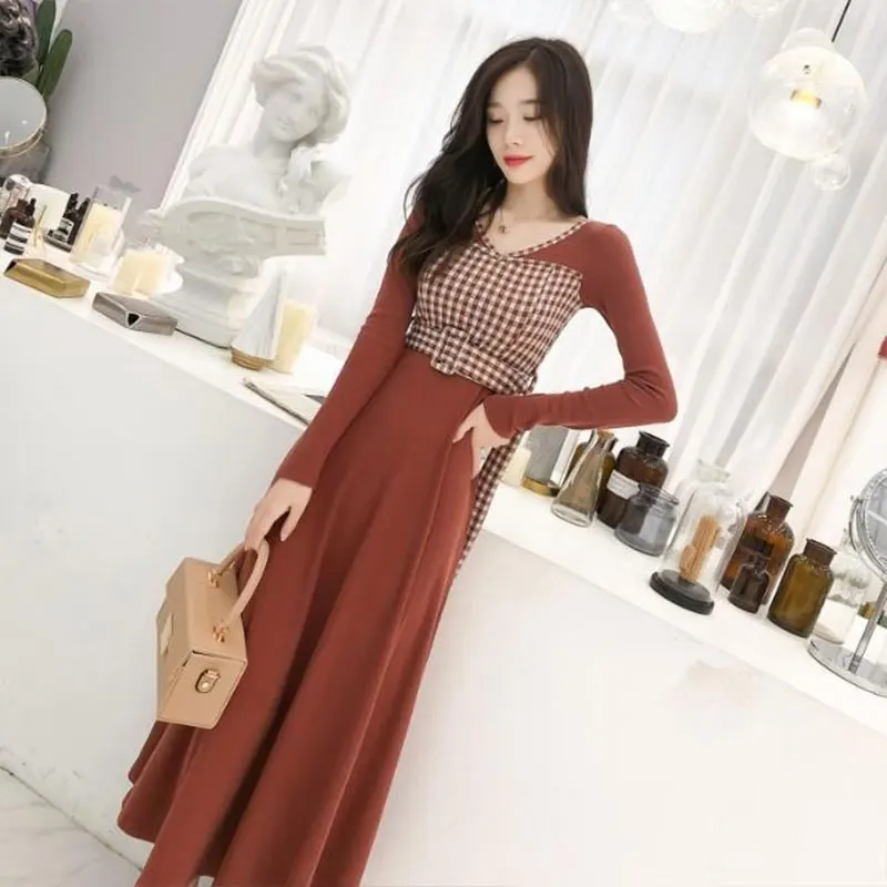 Patchwork V Neck Long Sleeve Fake Two Pieces Dresses Elegant Fashion Harajuku Female Clothes Loose Casual Sweat All Match Skirt