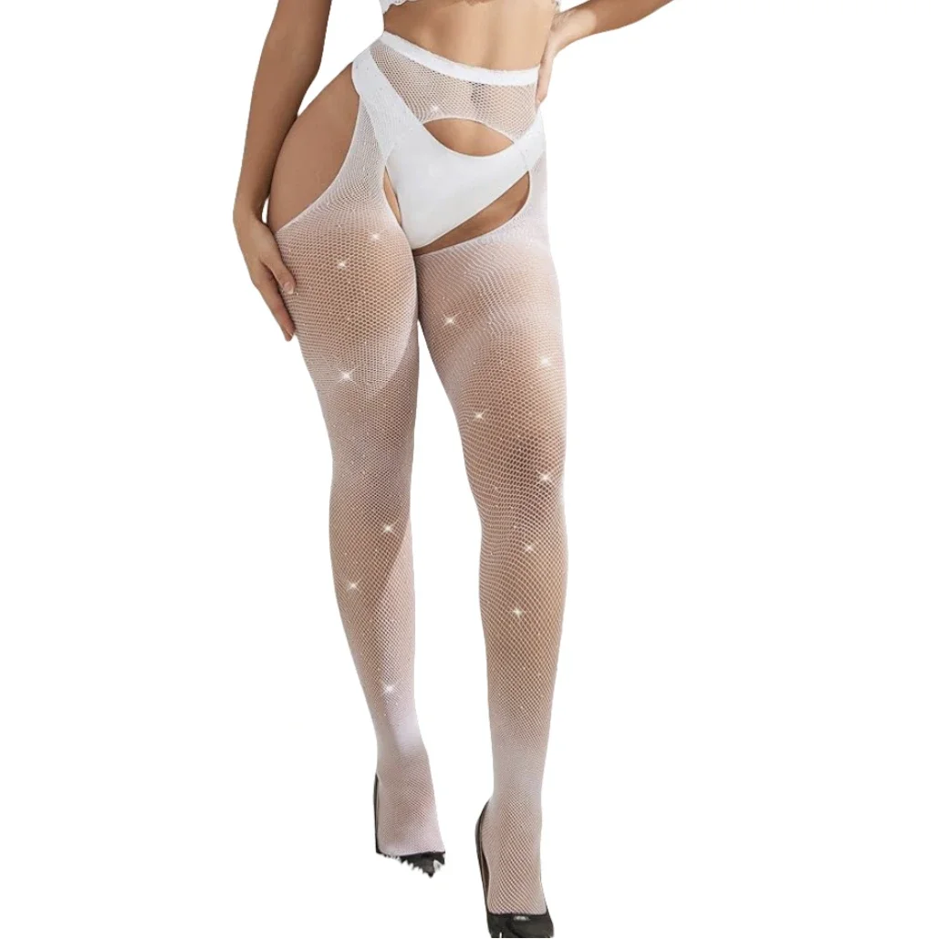 

Hot Stamping Pantyhose Sparkling Tights Crotchless Rhinestone Bodystockings Fishnet Black White Red Women Hosiery Lingerie