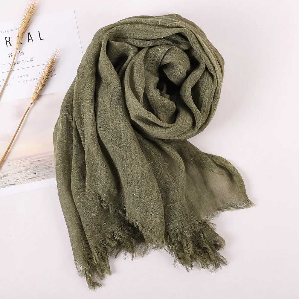 VREOVOR Spring and Summer New Solid Color Yarn Cotton and Linen Scarf Tassel Artistic Shawl Print Versatile Cotton and Linen