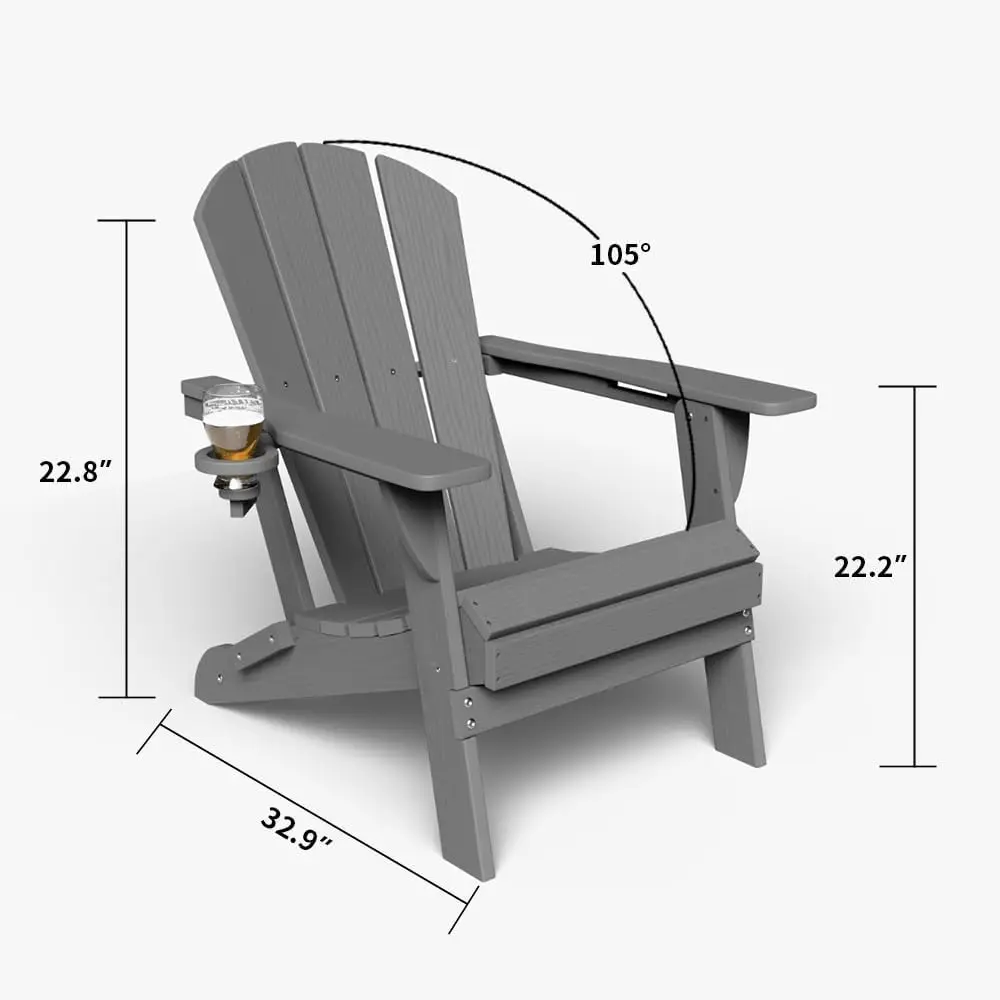 Folding Adirondack Chair with Cup Holders, HDPE Plastic Outdoor Chairs, Weather Resistant, Real Wood Look for Patio, Deck