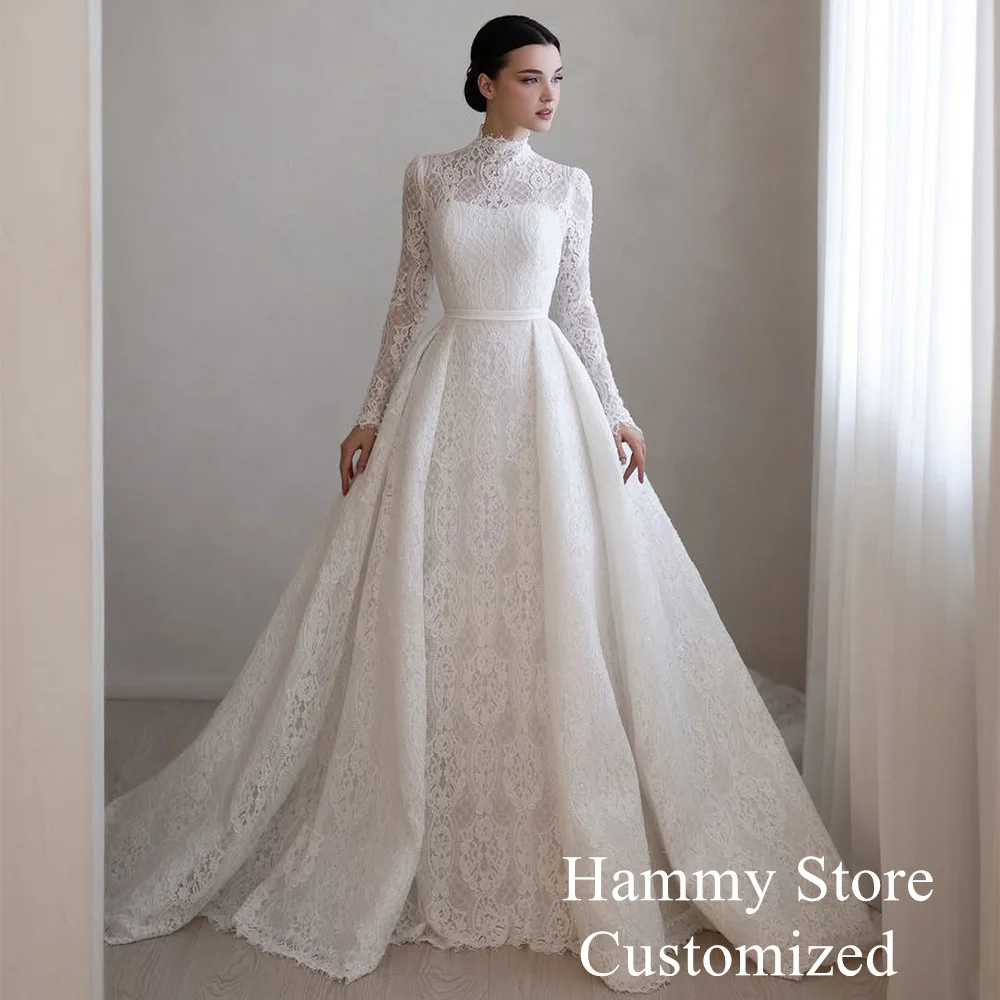 Saud Wedding Dress High Neck Customized Full Sleeves Court Train Vestido De Noiva Arabian Lace Bridal Gown A Line Design