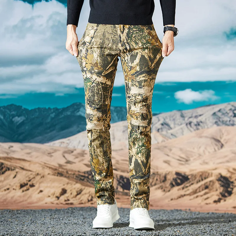 Branch camouflage jeans men's autumn fashion slim-fitting small straight hole patch Street handsome retro biker's pants