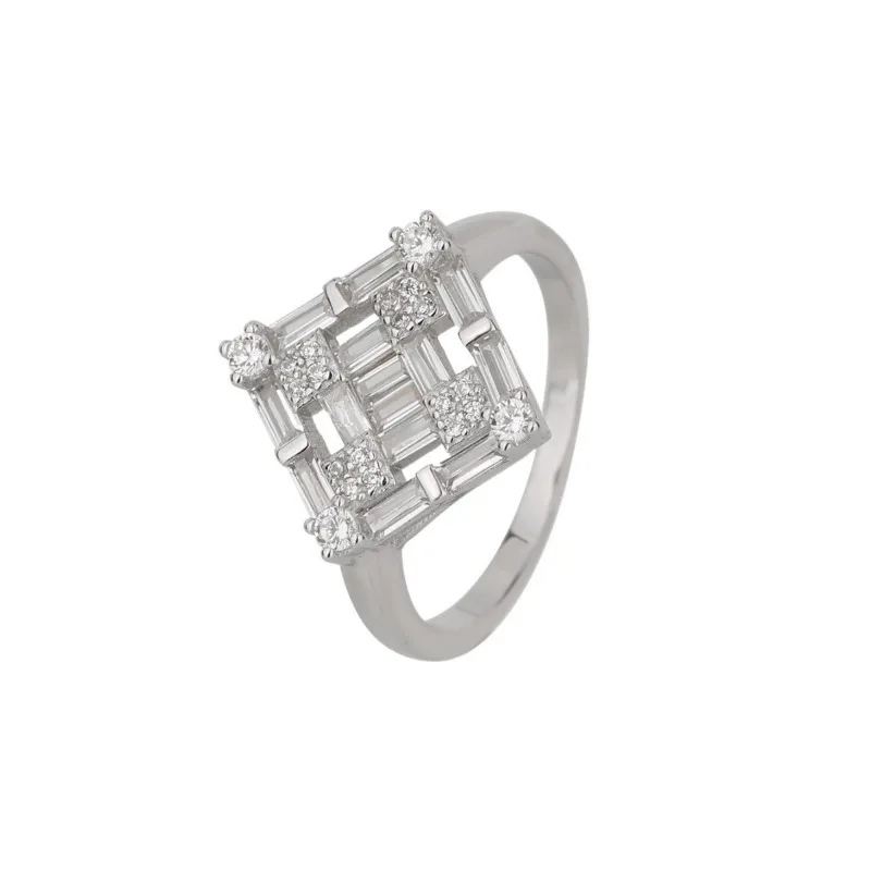 جديد S925 الفضة الخفيفة الفاخرة سلم مربع جولة الزركون الظهر هندسية المعين خاتم الأزياء الدائري