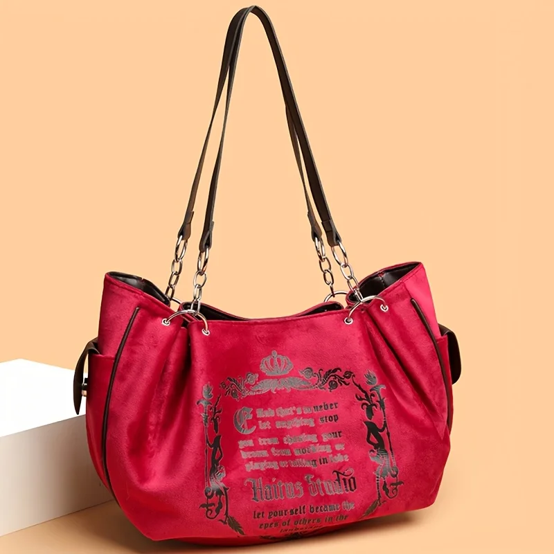 Damen-Handtasche aus Wildlederimitat mit Buchstabendruck, Retro-Einkaufstasche mit großem Fassungsvermögen für den täglichen Pendelverkehr und zum Tragen von Hand. Kürbistasche – Detail 4