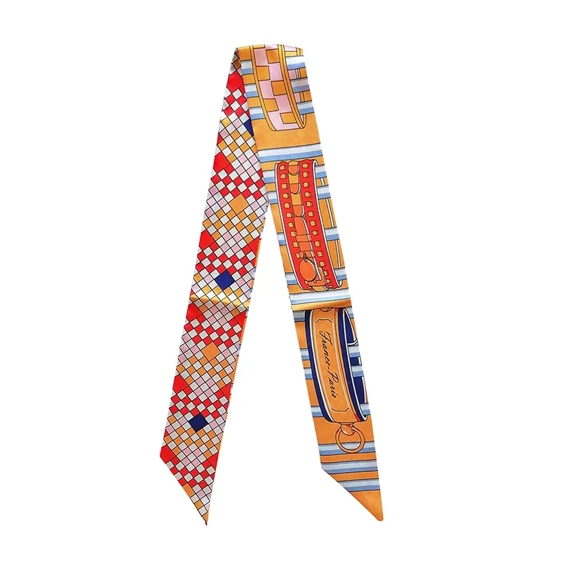 New Lattice Chain Women's Fashion Twill Silk Ribbon Scarf Hair Bandana Handbag Handle Wrap Bag Handmade Long Neck Wrap for Women view 4
