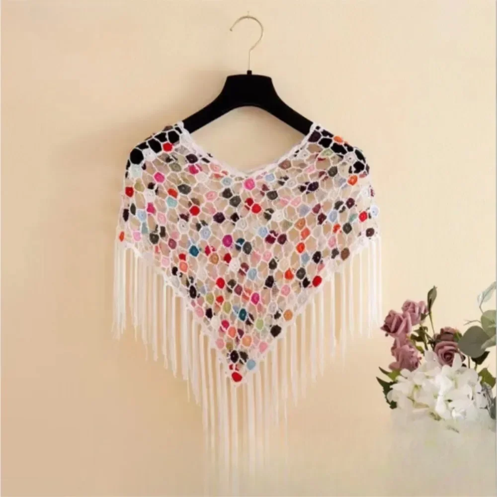 Thin Crochet Knitted Cape Ladies Fashion Ethnic Style Jackets Cloak Woman Clothing Tassels Shawl Poncho Women Summer Wraps Coats