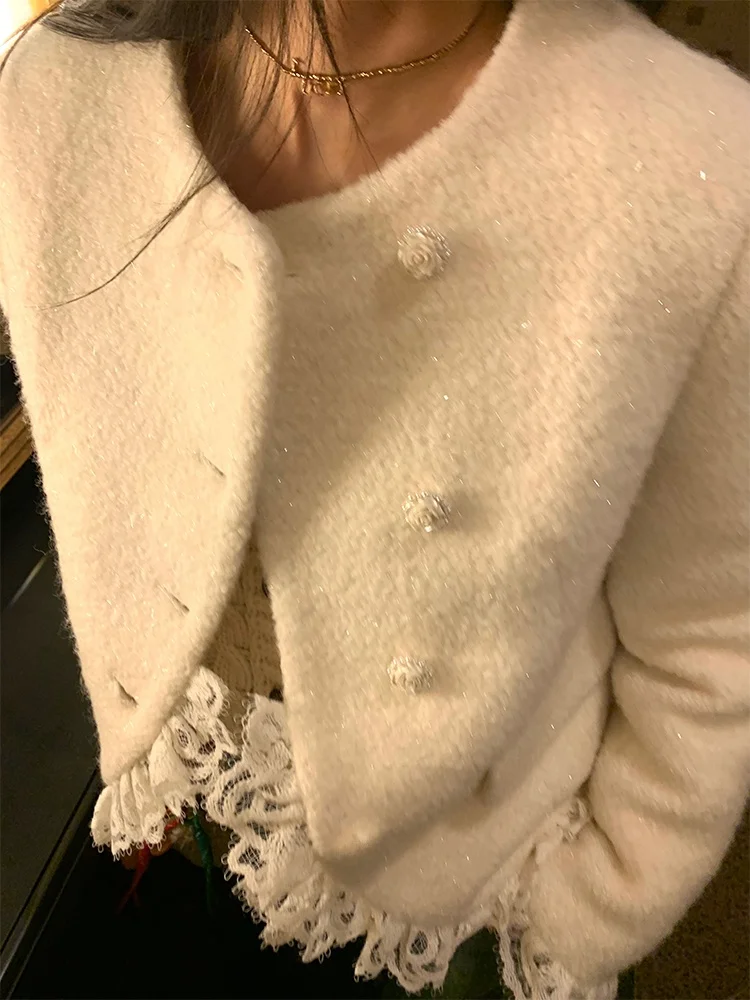 Manteau en laine doublé Fce pour femmes, nouveau Design, épissage en dentelle, taille ort, coréen, pour les déplacements, couleur Pure, boutonné, 2024