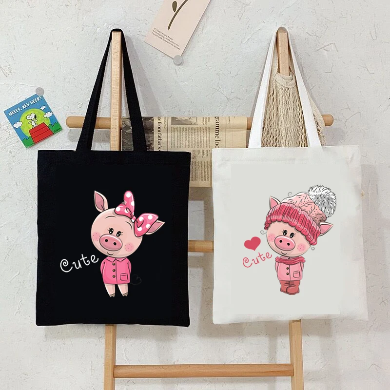 Bolso de mano con estampado de cerdo rosa para mujer, bolso de mano de lona con dibujos animados de animales divertidos, bolso de hombro de moda, bolsos de compras Kawaii