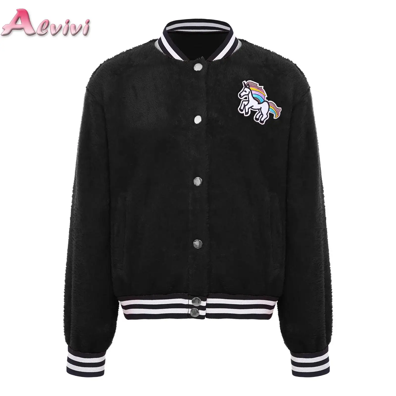 

Kids Girls Horse Flannel Jacket Outerwear Long Sleeve Press Buttons Stripes Hem Coat for Christmas Birthday Family Gathering