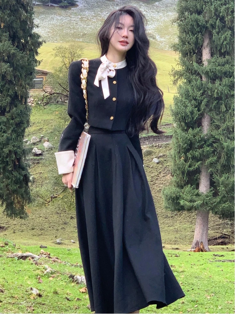 

Winter France Vintage Elegant 2 Piece Set Women Bow Korean Fashion Y2k Chic Midi Skirt Suit Feamle Solid Casual Clothes 2023 New