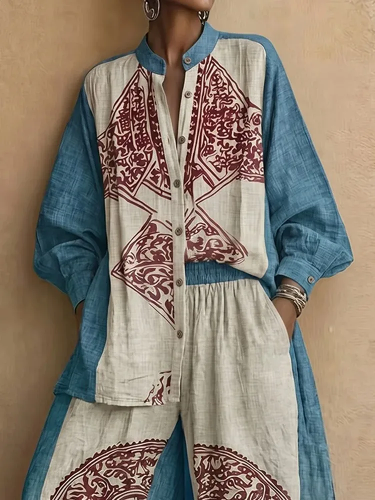 UOOZEE Women's Vintage Ethnic Printed 2 Piece Sets Long Sleeves Stand Collar Blouse & High Waist Wide Leg Pants Matching Set view 4