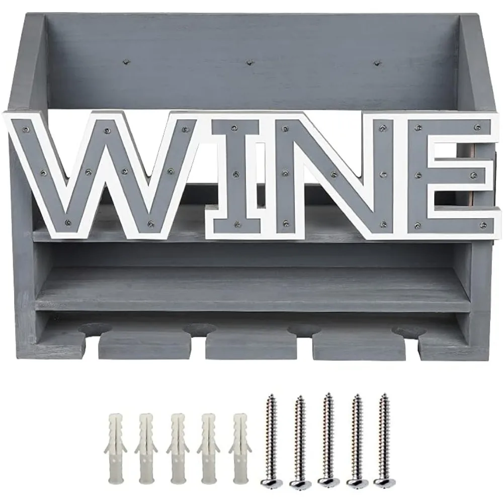 LED Wooden Wall Mounted Wine Rack and Glass Holder –Rustic Wine Bottle & Glass Holder & Wine Cork Storage Modern Home Decor