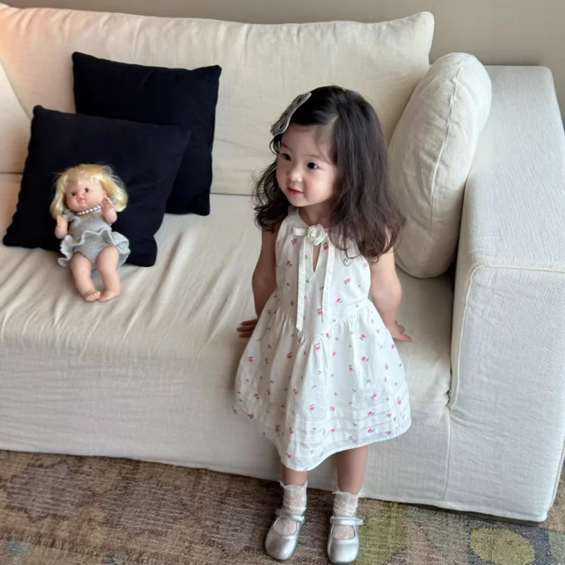 

2026Girls' Summer Sweet and Fashionable Full-Print Floral Halter Neck Tank Dress Princess Dress