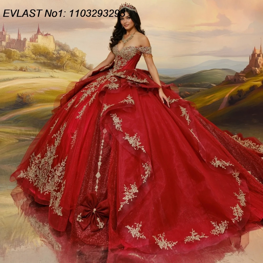 

EVLAST индивидуальное мексиканское красное бальное платье Quinceanera, золотое кружевное платье с аппликацией и бисером, многоуровневое сладкое платье 16, Vestidos De 15 Anos E1QN242
