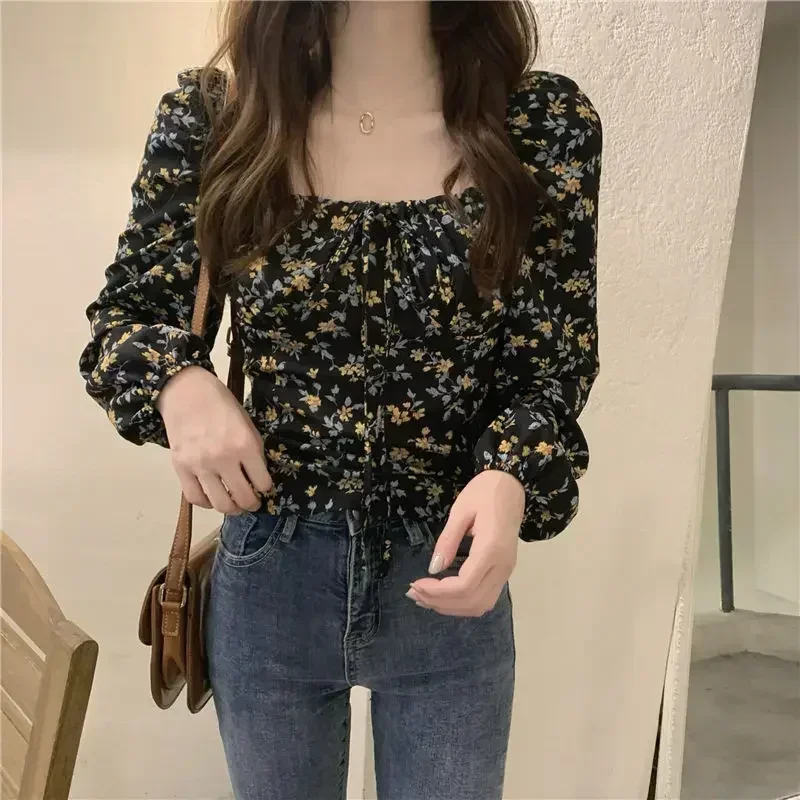 

Sweet Floral Print Blusas De Mujer Square Collar Puff Sleeve Shirts Women Clothing Crop Tops Vintage Tunic Bandage Chic Blouses