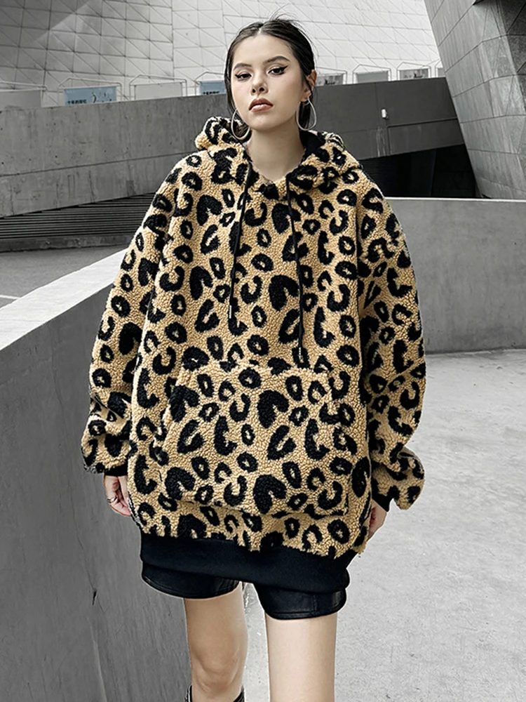 [EAM] Leopard Thick  Warm Pocket Sweatshirt New Hooded Long Sleeve Women Big Size Fashion Tide Autumn Winter 2023  1DH7834