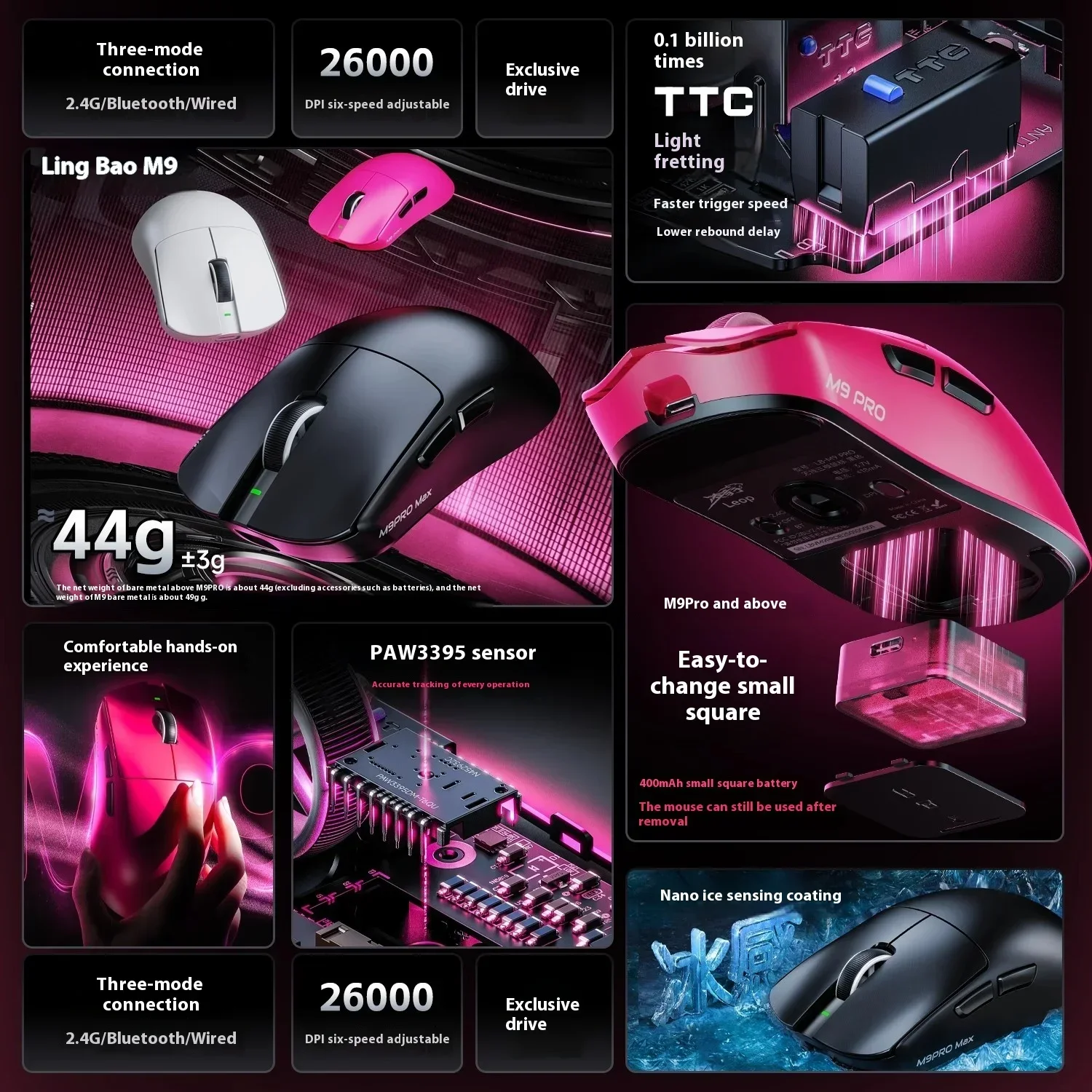 Aula×Lingbao M9 Pro Mouse wireless da gioco Paw3395 Sensore E-Sport Velocità di polling 8000 Hz Batteria sostituibile a caldo a latenza ultra bassa